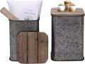 RUSTOWN Farmhouse Accent Side Table, Rustic Storage Ottoman Seat Stool, Galvanized Antique Metal End Table Box Bin with Square Wood Lid, Nesting Pieces Two (Square&Galvanized)