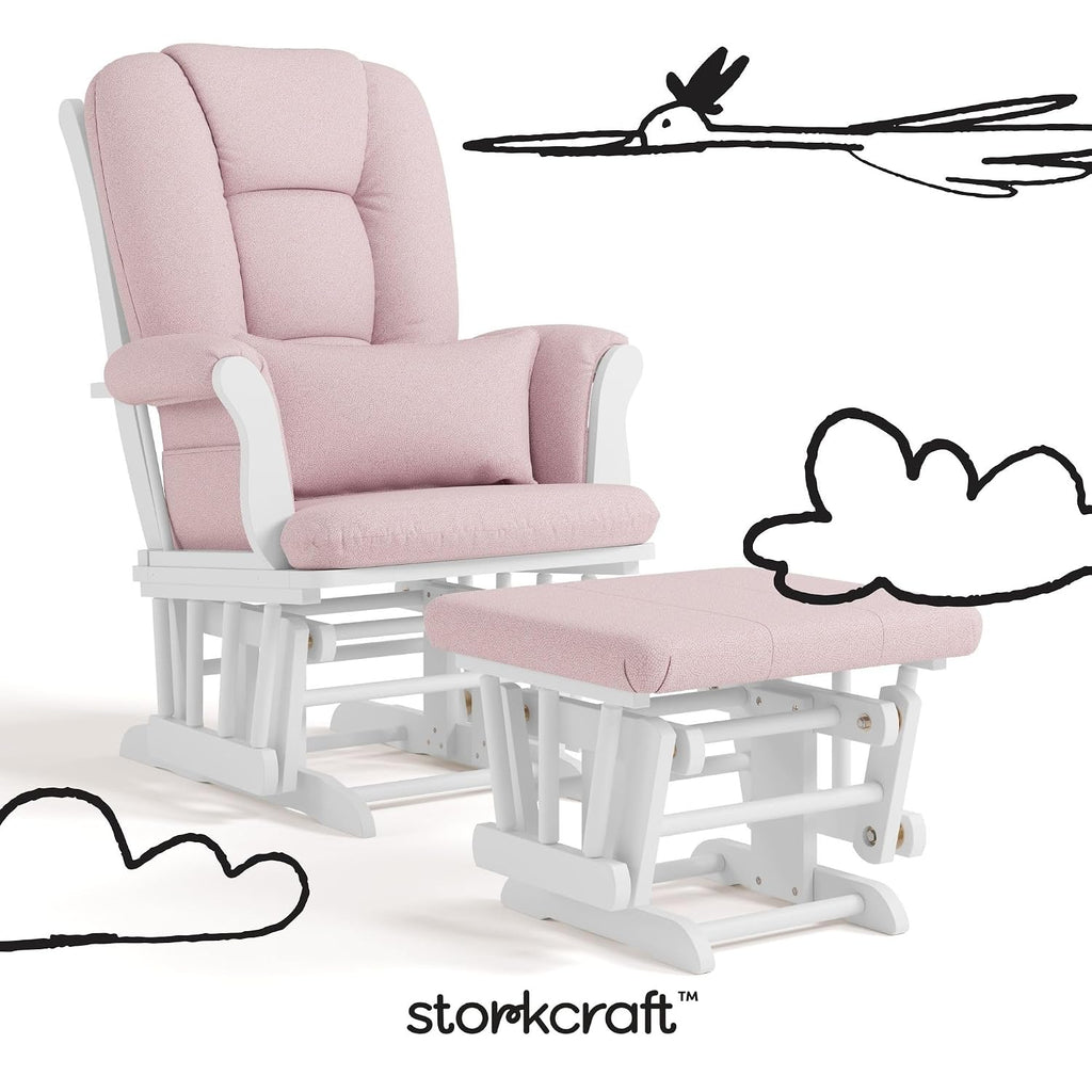 Storkcraft Tuscany Custom Glider and Ottoman with Free Lumbar Pillow (White/Pink Blush Swirl) - Cleanable Upholstered Comfort Rocking Nursery Chair with Ottoman