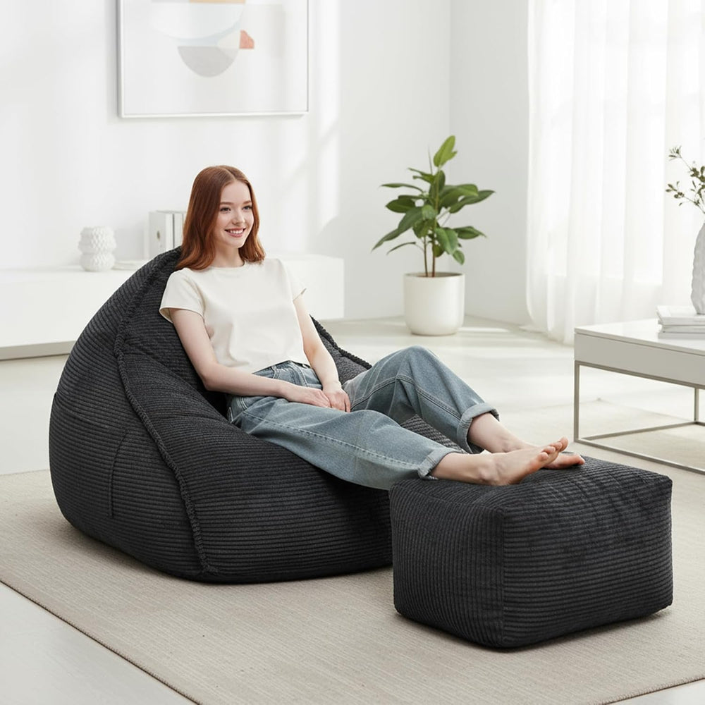 Bean Bag Chair with Ottoman for Adults, Large Corduroy Bean Bag Couch, Chaise...