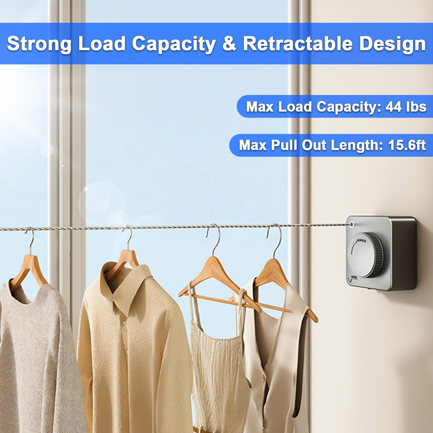 Retractable Clothesline Indoor, Non-Sagging Outdoor Clothes Drying Line Retracting Heavy Duty Clothes Drying Laundry Line Wall Mounted Stainless Steel Line - 15.6 Feet (Square Gray)