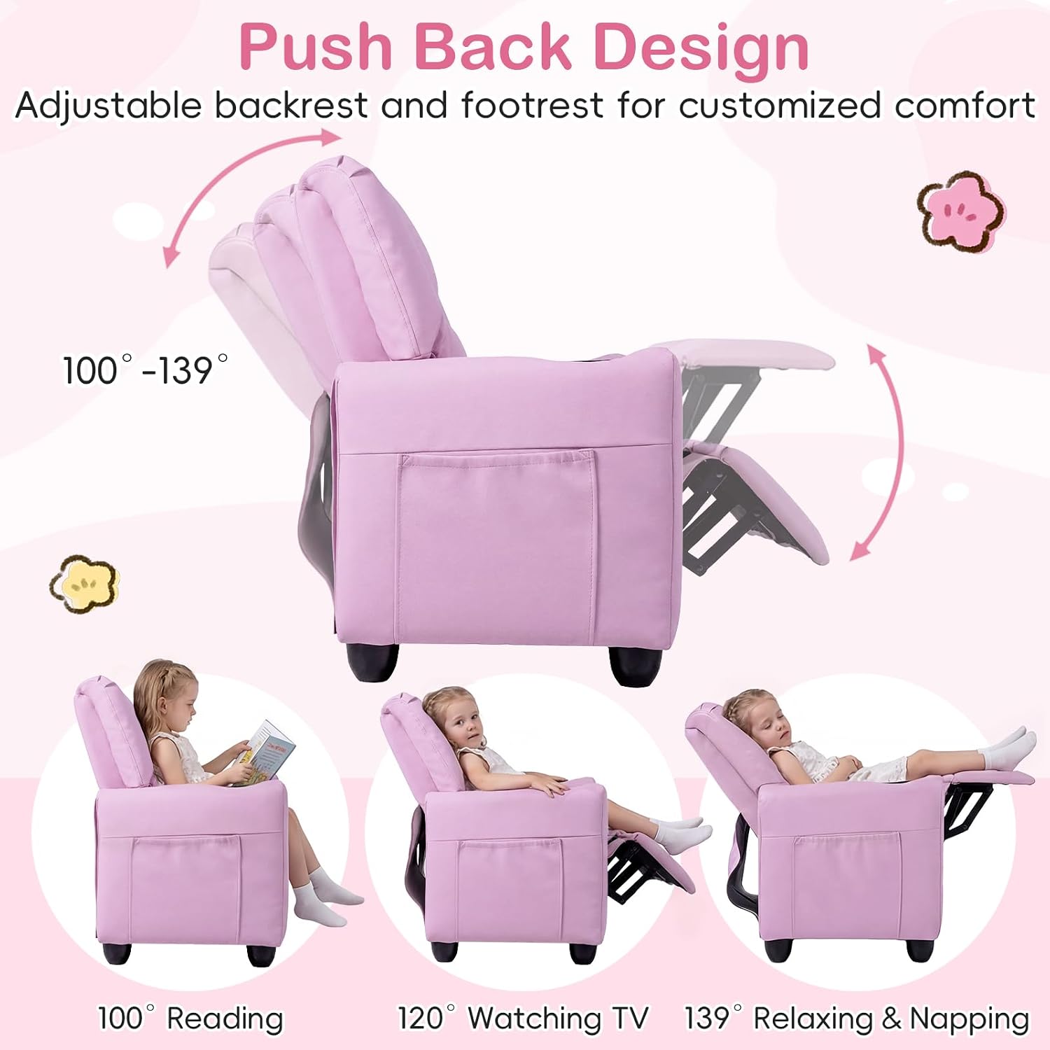 Costzon 2-Seater Kids Recliner, Double Toddler Sofa Chair w/2 Cup Holders & 2 Side Storage Pockets, PU Leather Kids Loveseat Couch w/Adjustable Backrest & Footrest for Girls & Boys 3+ Years Old