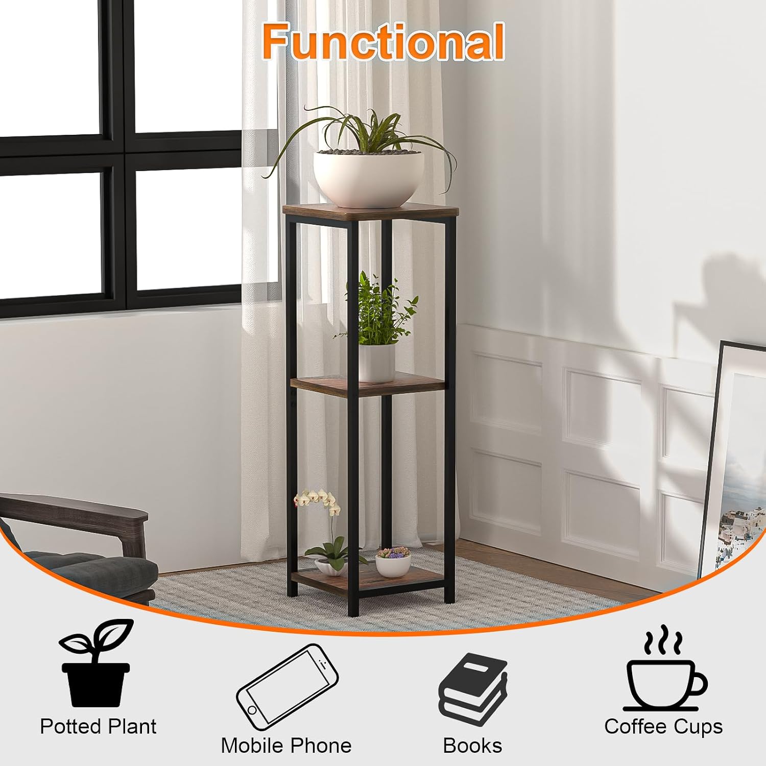 10" Wide Square Drink Table with Adjustable Feet - 3-Tier Small Side Table for Apartments, Balcony & Office | Space-Saving, Lightweight & Multi-Functional (Plants, Books, Drinks, Brown)