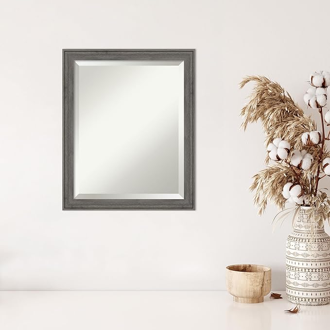 Amanti Art Grey Wall Mirror 23x19 Regis Barnwood Grey Narrow Rectangle Bathroom Mirror for Wall Decor Living Room, Small Country Rustic Wood Frame, Hangs Horizonally and Vertically, Bathroom Decor,