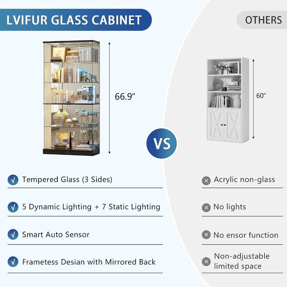 Glass Display Cabinet with Human Body Sensing RGB Lights,5-Tiers Curio Cabine...