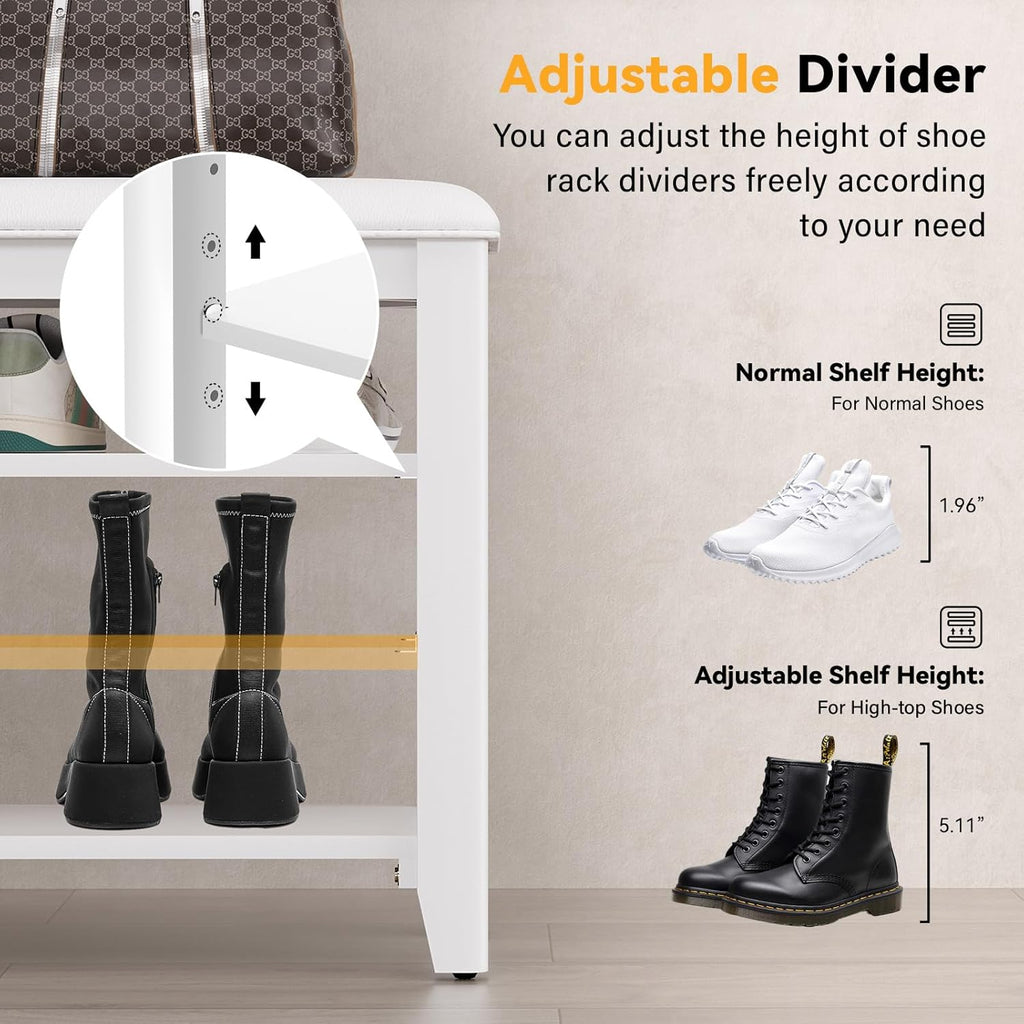 Shoe Rack Bench Entryway Storage with Leather Cushion, Shoe Organizer Bench for Entryway, Ideal for Front Doors Entrances Hallway Mudroom Featuring Rubberwood And 3 Height-Adjustable Removable Shelve