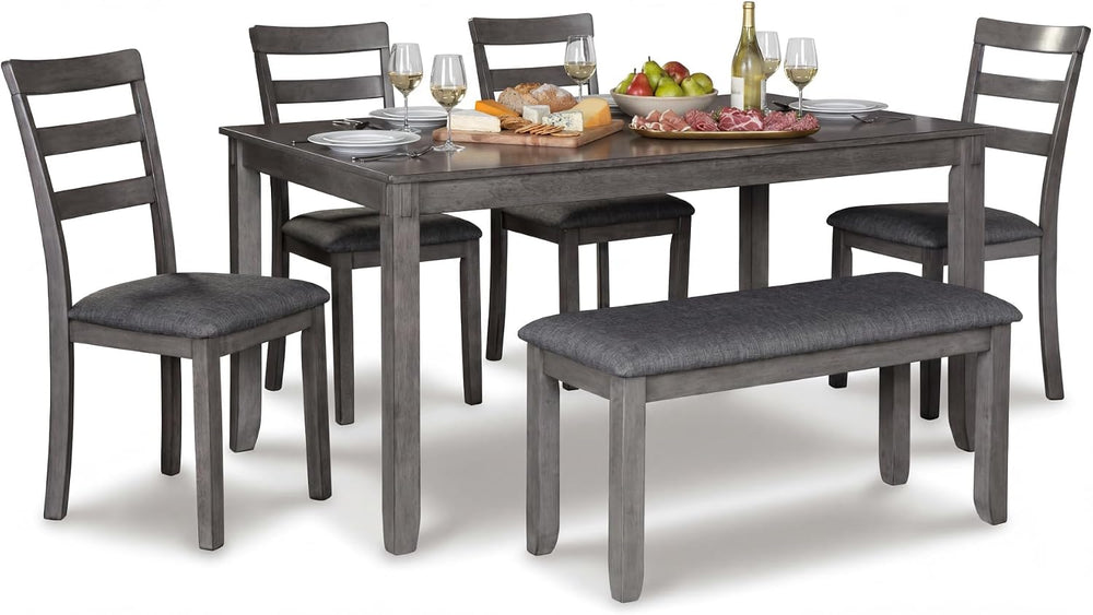 Signature Design by Ashley 6-Piece Dining Table Set with Bench, Gray