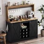 4ever2buy 47" Coffee Bar Cabinet with Storage Hutch & Wine Rack, Black | Coffee Bar Station with Sliding Barn Door, 7 Hooks and Adjustable Shelves for Kitchen, Dining Room, Living Room