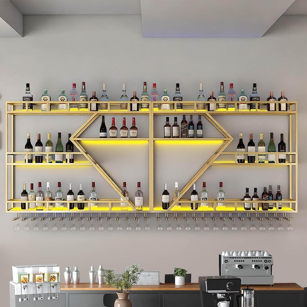 63in Large Wall Mounted Wine Rack 3 Tier Metal Wine Bottle Holder Modern Diamond Design Floating Bar Liquor Bottles Storage Rack for Home Restaurant Bar Decorative (Gold, 3 Tier - 63in)