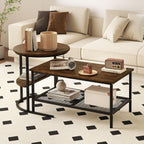 GOFLAME Nesting Coffee Table Set of 2, 2 PCS Nesting Tables with Wood Top and Extra Storage Shelf, Modern Round End Table & Rectangular Coffee Tables for Living Room, Bedroom, Rustic Brown+Black