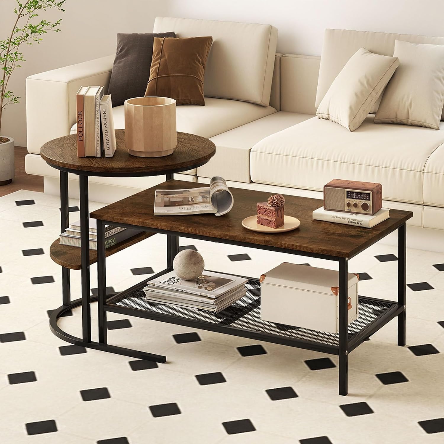 GOFLAME Nesting Coffee Table Set of 2, 2 PCS Nesting Tables with Wood Top and Extra Storage Shelf, Modern Round End Table & Rectangular Coffee Tables for Living Room, Bedroom, Rustic Brown+Black