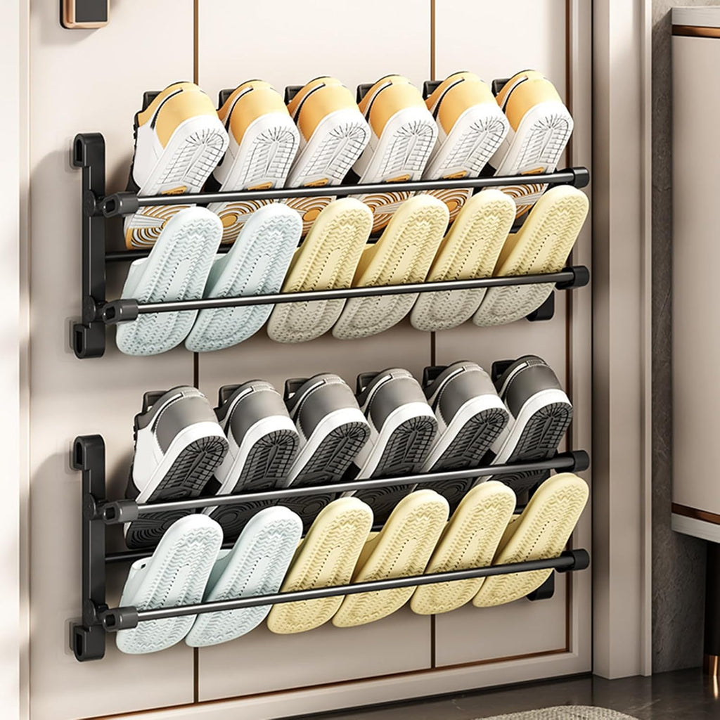 Wall Mounted Folding Shoe Rack 2 Tiers Space Saving Designs for Bathroom and Entryway Without Drilling Required