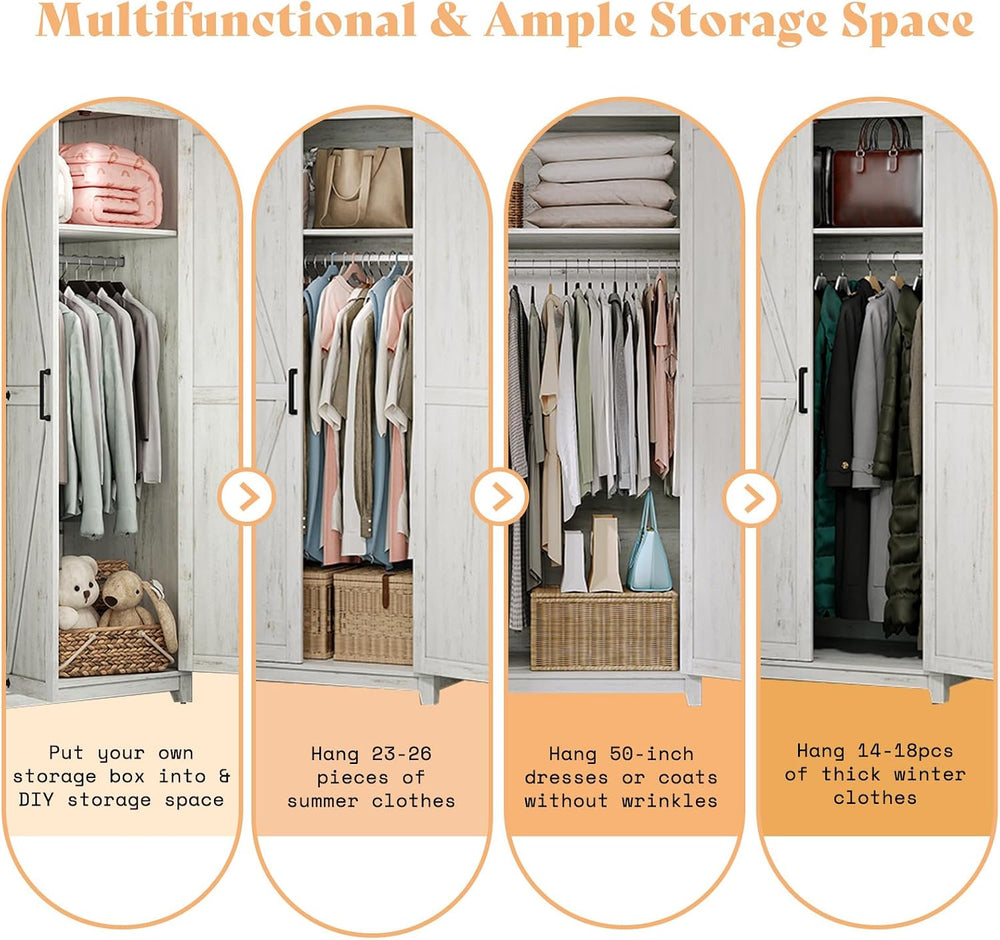 AMERLIFE 71" Farmhouse Wardrobe Closet with Hanging Rod & Barn Doors...