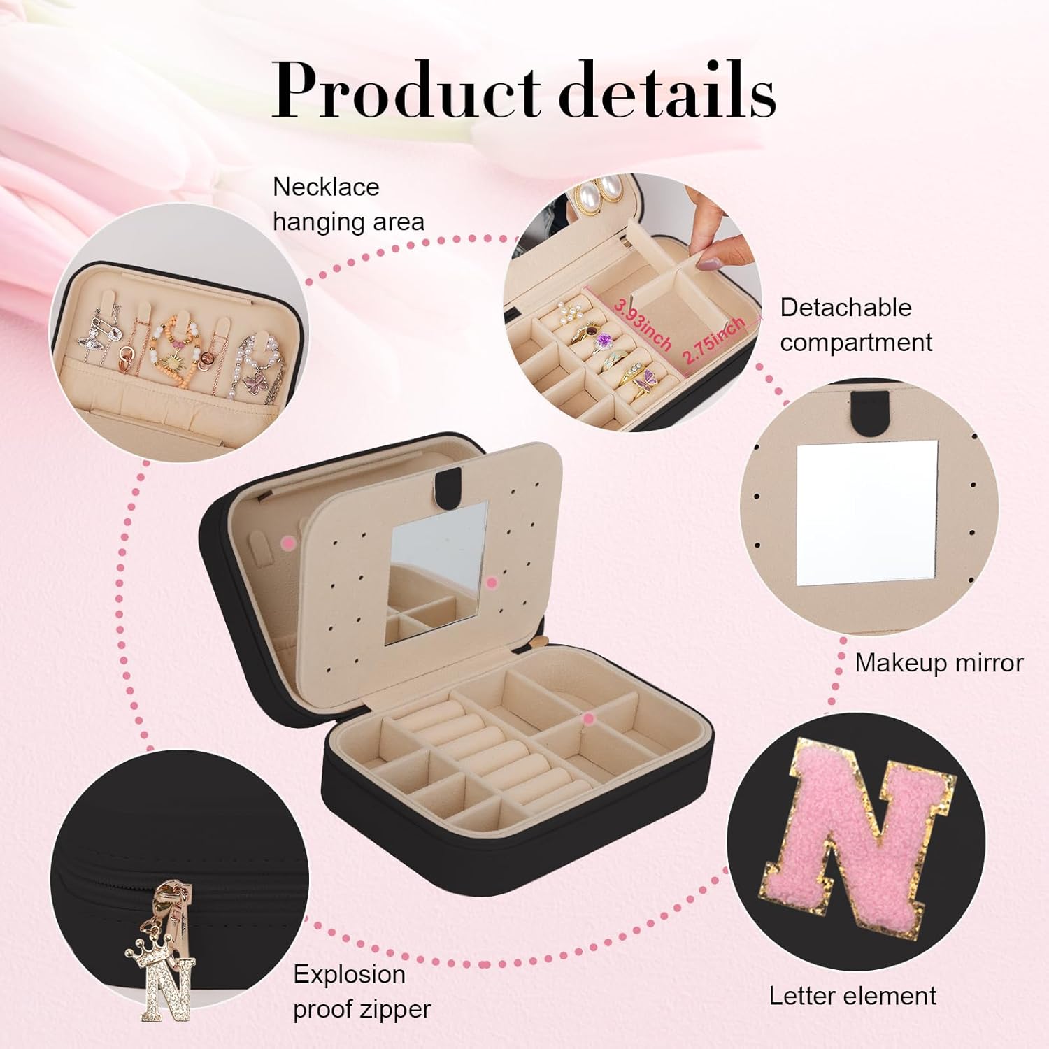 TopPerfekt Travel Jewelry Case, Jewelry Box with Mirror, Jewelry Organizer Bridal Shower Gifts to Her, Earring Storage Travel Case, Trendy Gift for Women and Girls, Girlfriend-Letter N, Black
