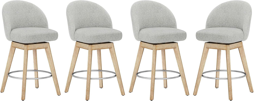 LUE BONA 360° Swivel Bar Stools Set of 4, 26" Wood Legs, Fabric Light Gray