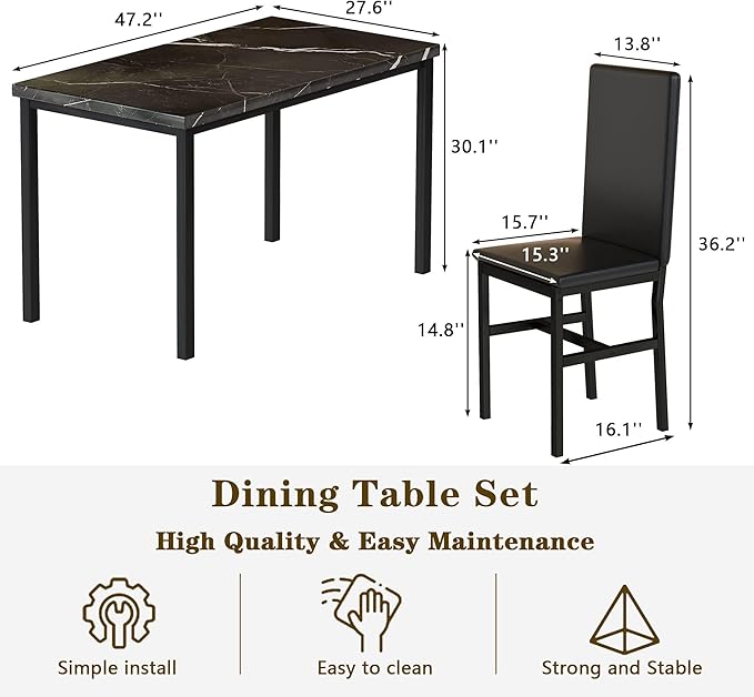 Hooseng Dining Table Set for 4, Modern Faux Marble Kitchen Table with 4 PU Leather Chairs, 5 Piece Dining Room Sets for Dinette, Breakfast Nook, Black