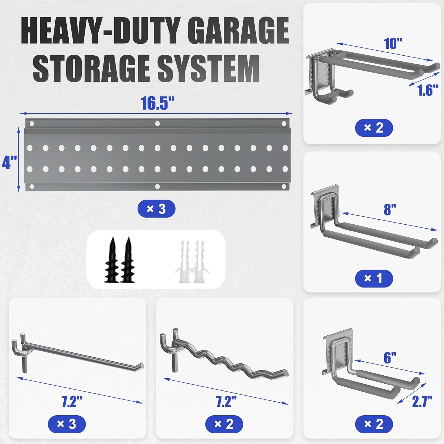 Garage Tool Organizer Wall Mount 48 inches with 10 Adjustable Heavy-Duty Hooks, Garage Organization, Garden Tool Storage Rack, Yard, and Shed, Holds Up to 400 lbs (Grey)