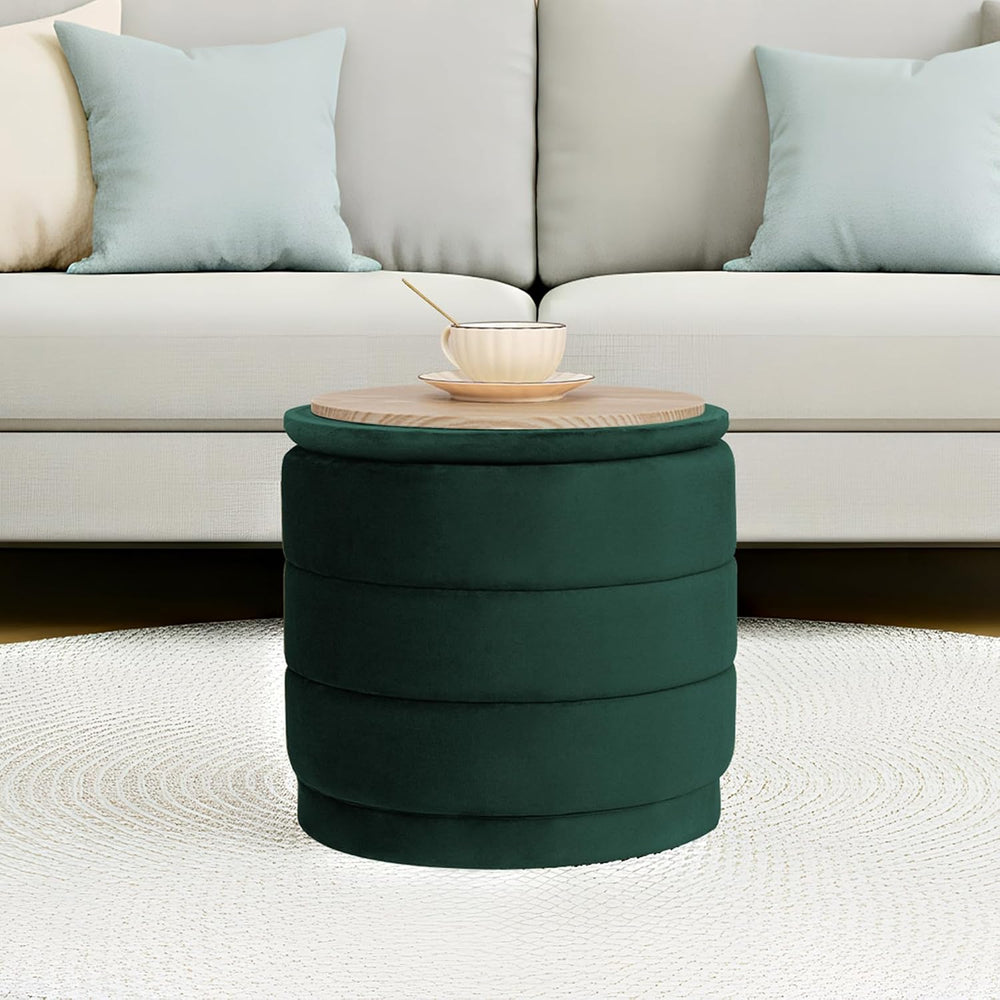 15.4" Round Velvet Storage Ottoman with Reversible Lid, Upholstered Circ...