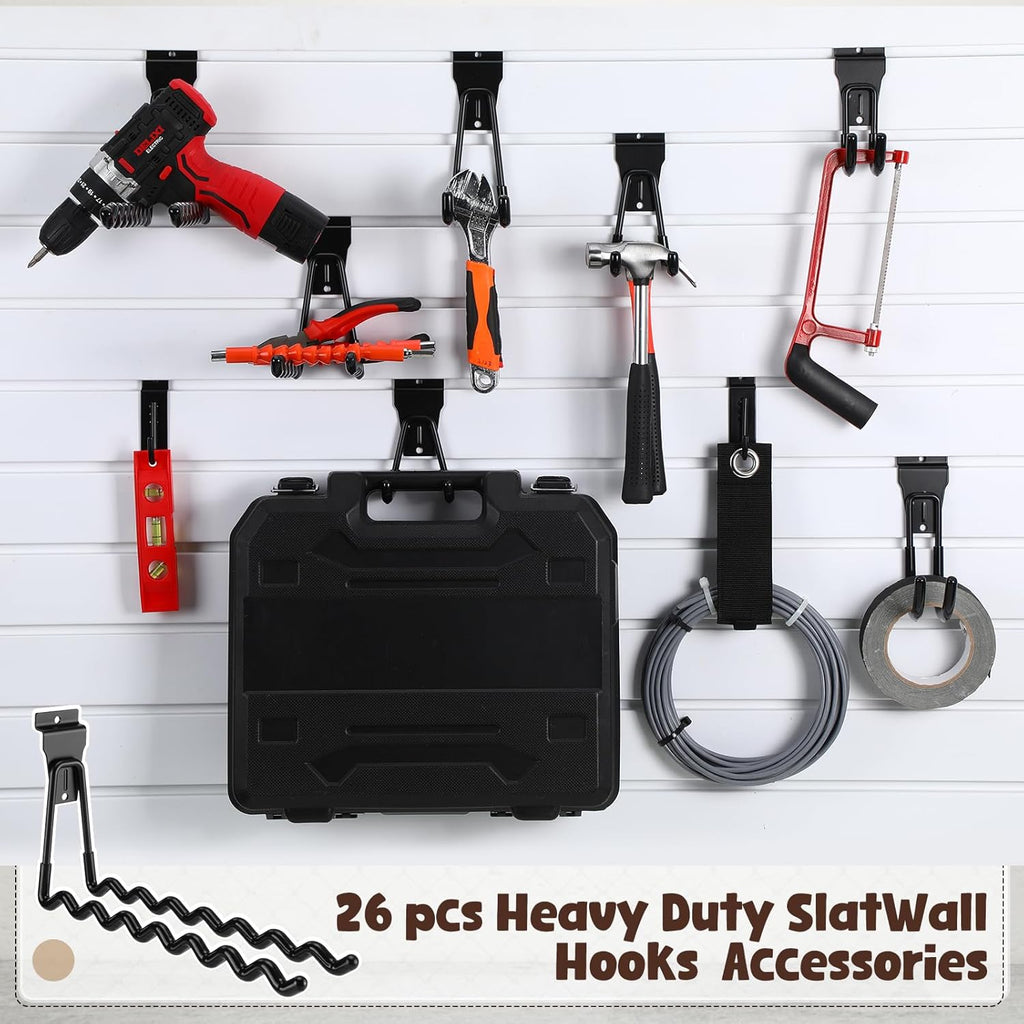 Landhoow 26 Pack Slatwall Accessories, 24 Pcs Multi Size Heavy Duty Slat Wall Hanging Hooks & Hangers with 2 Pcs Storage Straps for Storage Garage Wall Organization Garden Home Slatwall Paneling