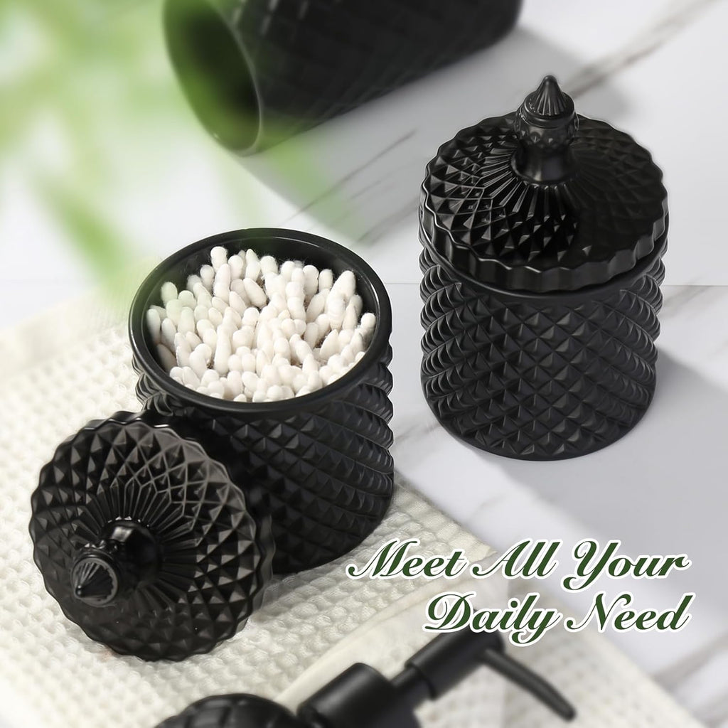 Matte Black Bathroom Accessories Set, 4 Pack Black Bath Accessory Sets Complete, Diamond Glass Soap Dispenser and Toothbrush Holder Set for Countertop, Gothic Decor Organizer Essentials