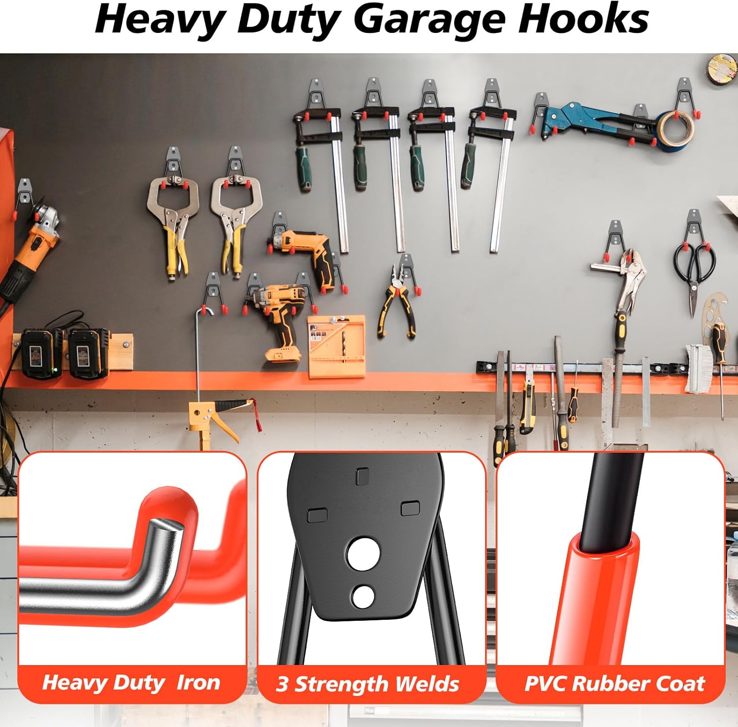 4 Pack Heavy Duty Garage Hooks,Solid Steel Wall Mount Hangers,with Anti-Slip Coating,for Hanging and Organising Ladder,Bike,Ropes,Broom,Garden,Yard and Power Tools(4.5x2.75 inch)