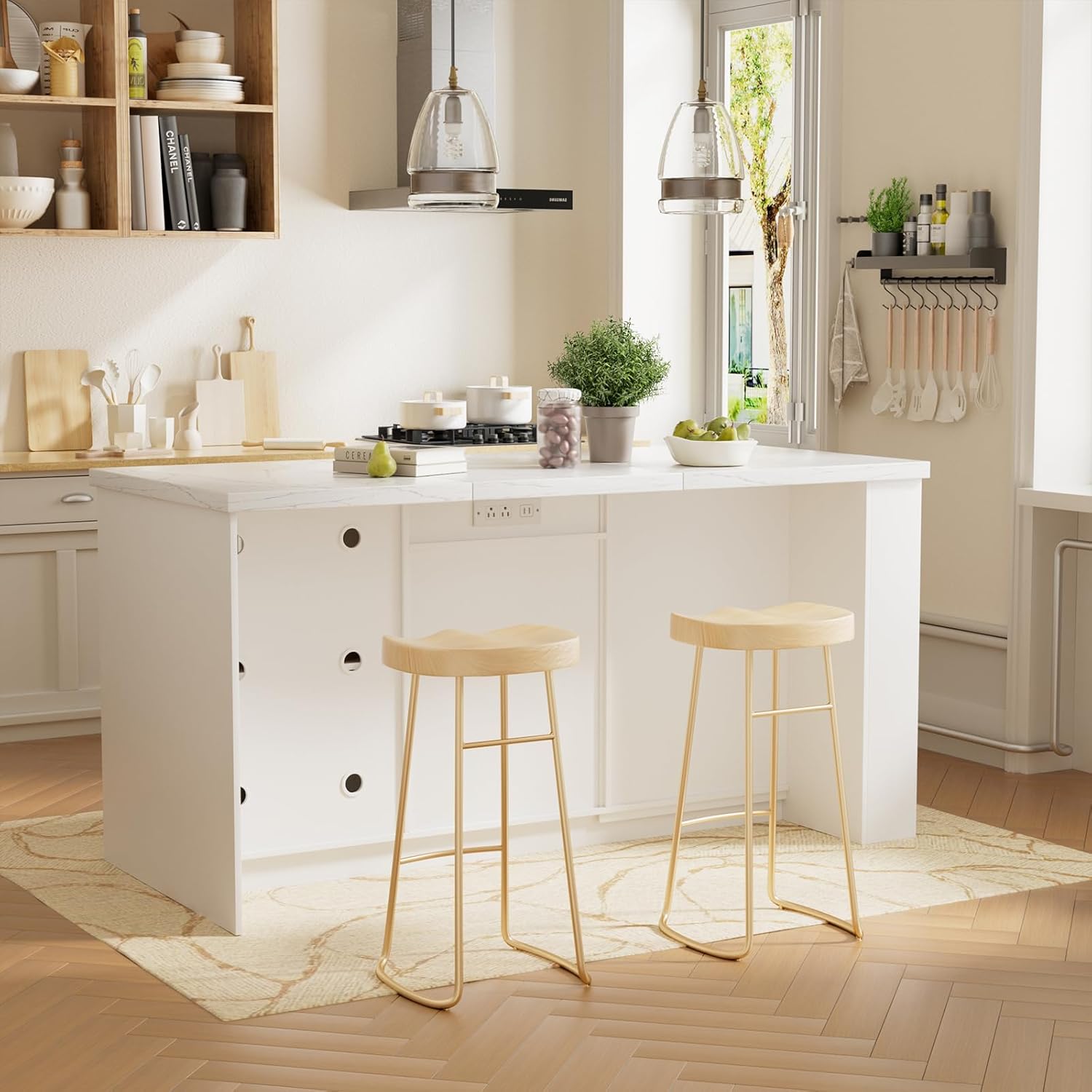 71"x 35.4" Large Imitation Marble Dining Table with Storage, Kitchen Island with Power Outlet & LED Lights, Fridge Space, Modern Wood Counter Height Island Bar
