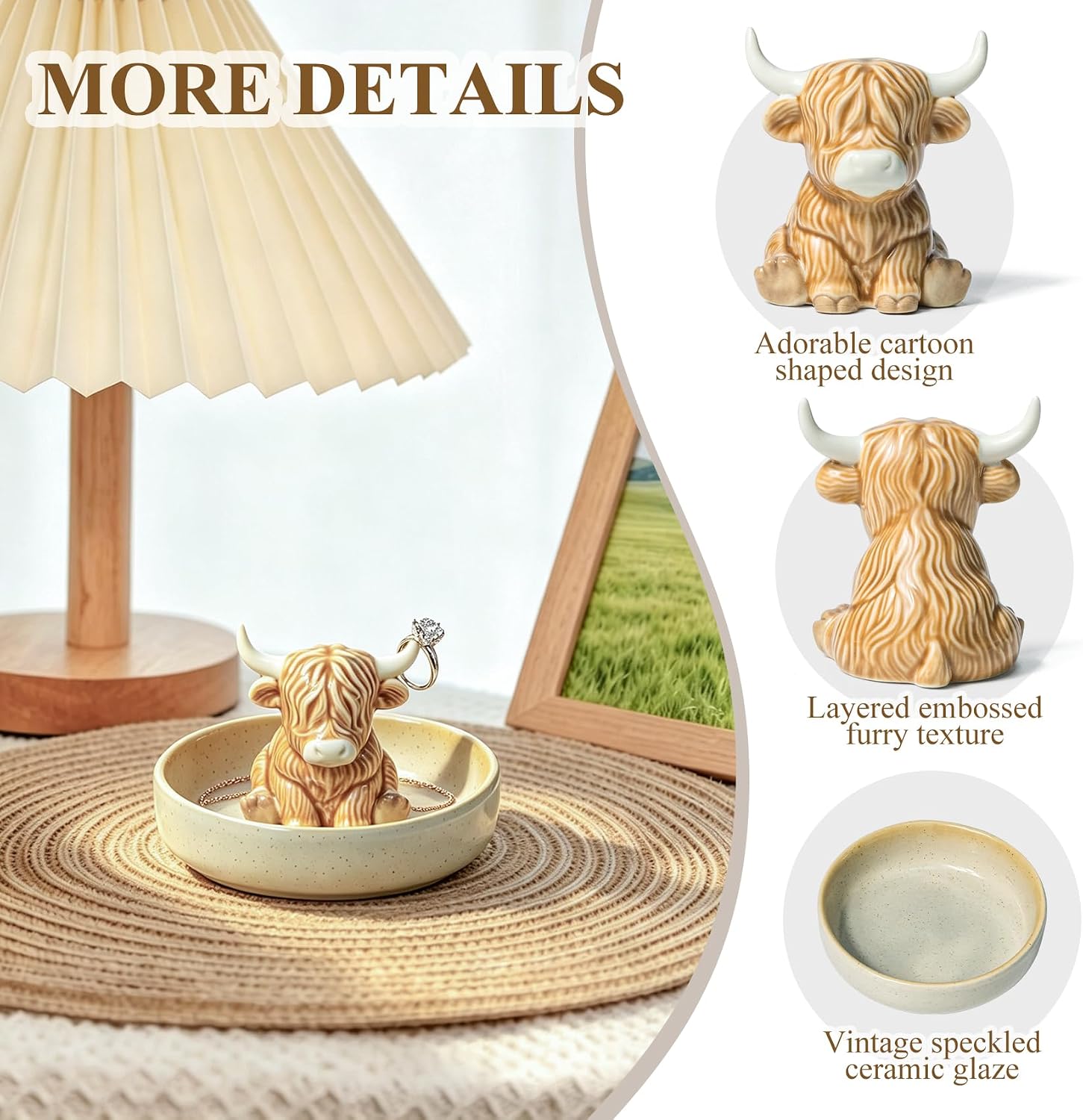 Highland Cow Gifts for Women, Ceramic Highland Cow Ring Holder with Circular Tray, Wedding, Christmas, Birthday Gifts for Women, Mom, Wife, Farmhouse & Bohemian Style Jewelry Holder for Desk Decor