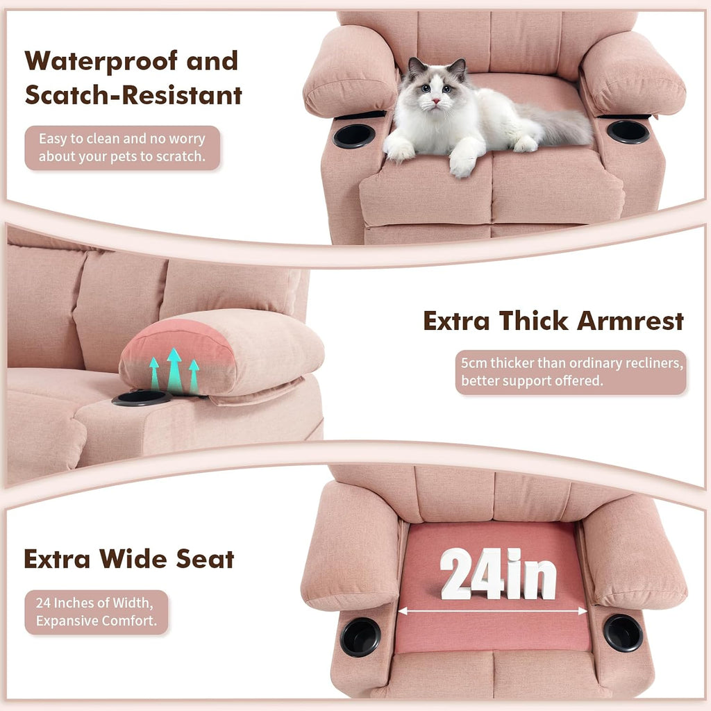 KCQ Overstuffed Swivel Rocker Recliner Chair with Massage and Heat, Fabric Heated Reclining Chairs Manual Recliner with Cup Holder, Pink Nursery Rocking Recliner Glider Chair
