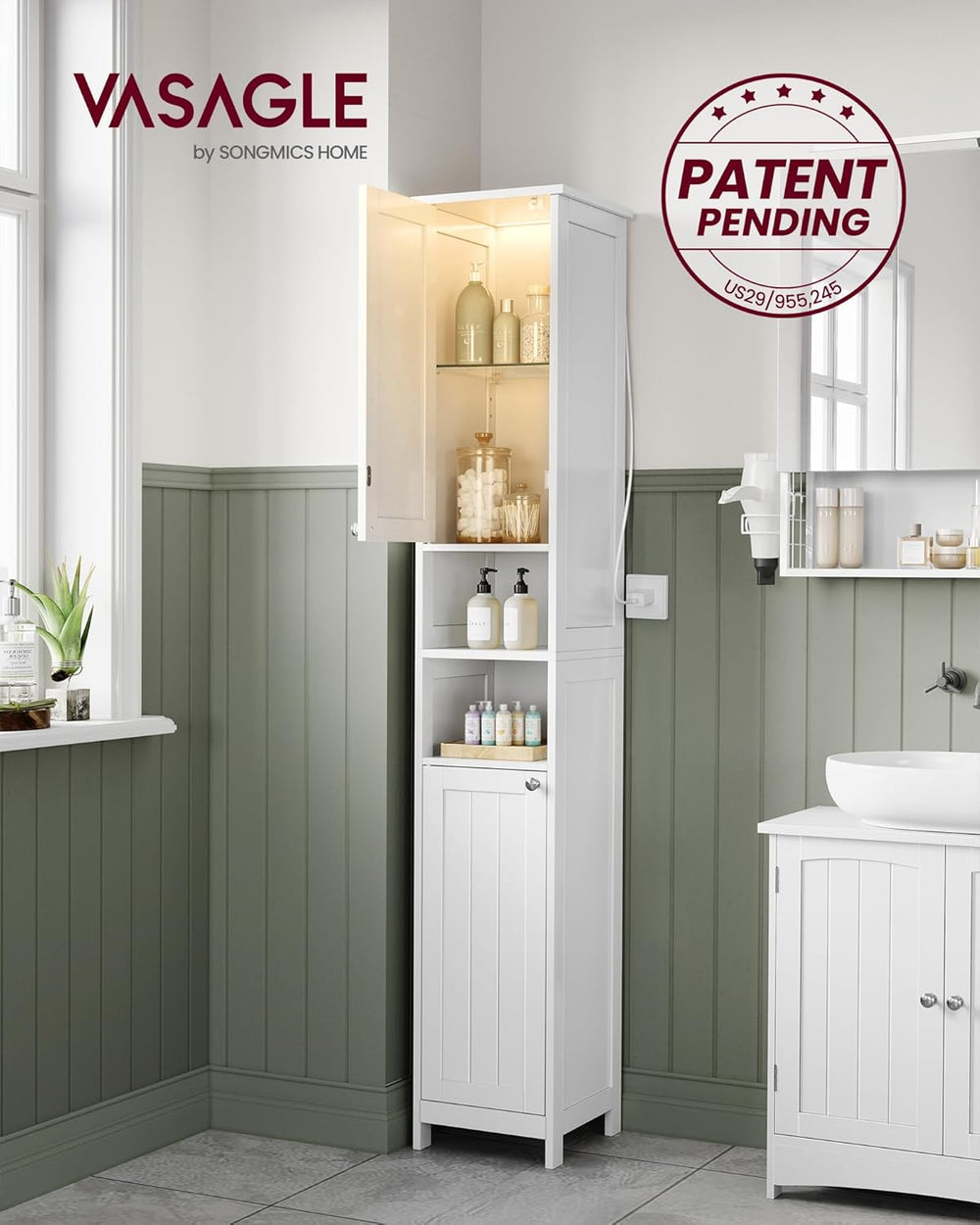 VASAGLE Tall Storage Cabinet with Lights, Slim Freestanding Cabinet with Adju...