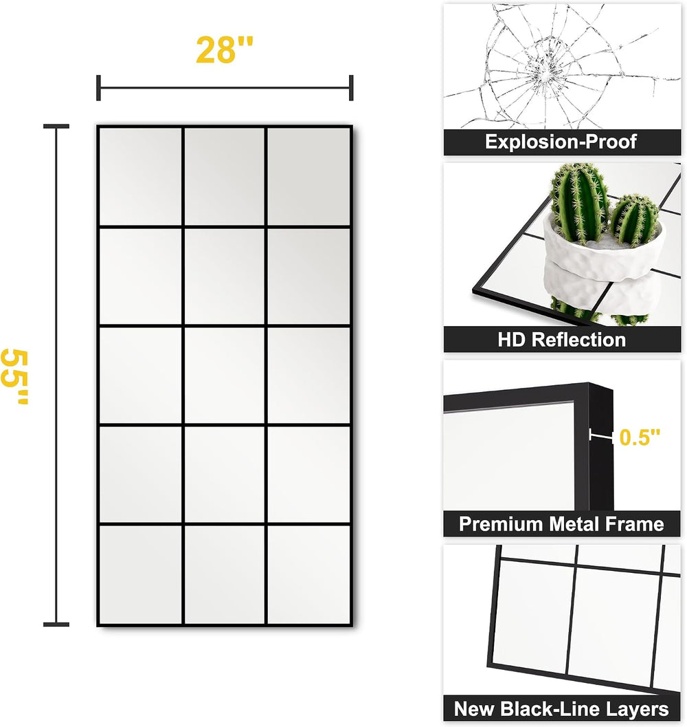 Large Window Pane Full Length Mirror 28"x55" Black
