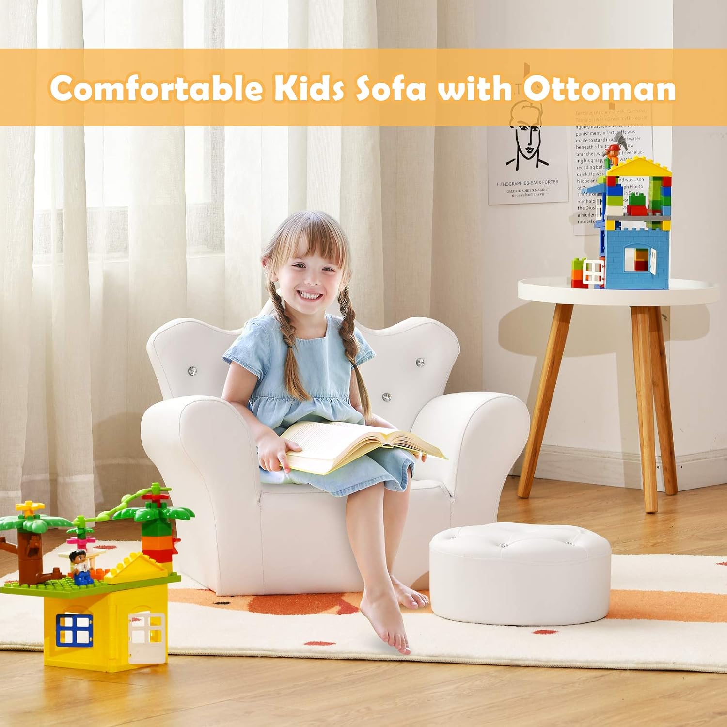 GLACER Kids Sofa with Ottoman, Kids White Couch with Embedded Crystal & PVC Leather, Upholstered Child’s Crown-Back Armchair, Baby Sofa Chair Seat Furniture, Princess Chair for Toddler Girls(White)