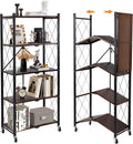 5-Tier Foldable Storage Shelves with Wheels, Folding Metal Shelf Unit, Folding Bookshelf no Assembly, Collapsible Shelves for Craft Shows for Kitchen, Bedroom, Living Room, Rustic Brown