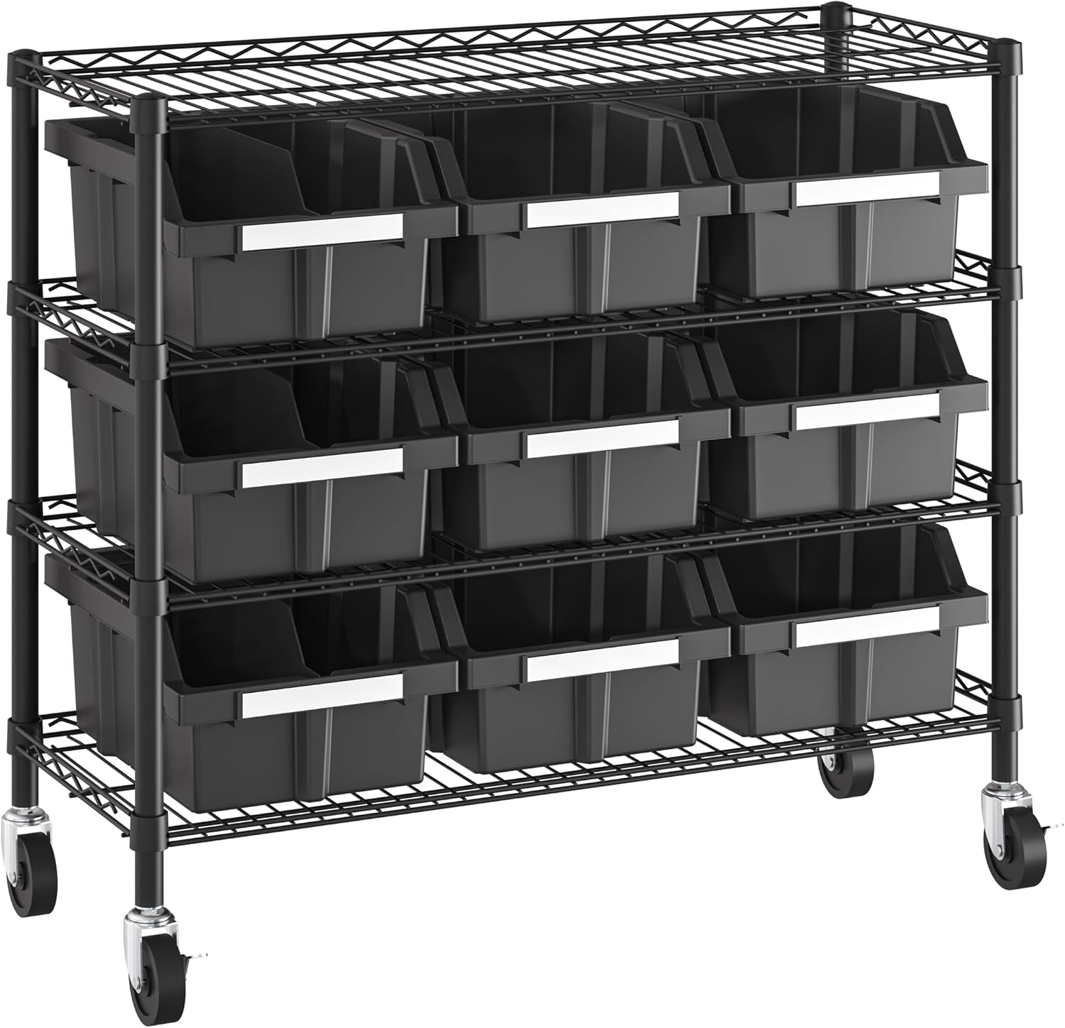 4-Tier NSF 9-Bin Steel Wire Shelving Rack, 36"W x 14"D x 31"H, Graphite | 9 slide-out bins with tilt-lock design keep supplies organized and accessible