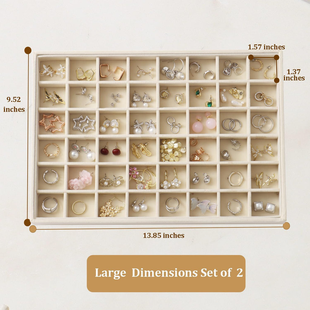Large Velvet Jewelry Tray 2 Pack Stackable Jewelry Display Drawer Inserts Trays Organizer for Earring Bracelet Necklace Ring (Beige, 48 Grids)