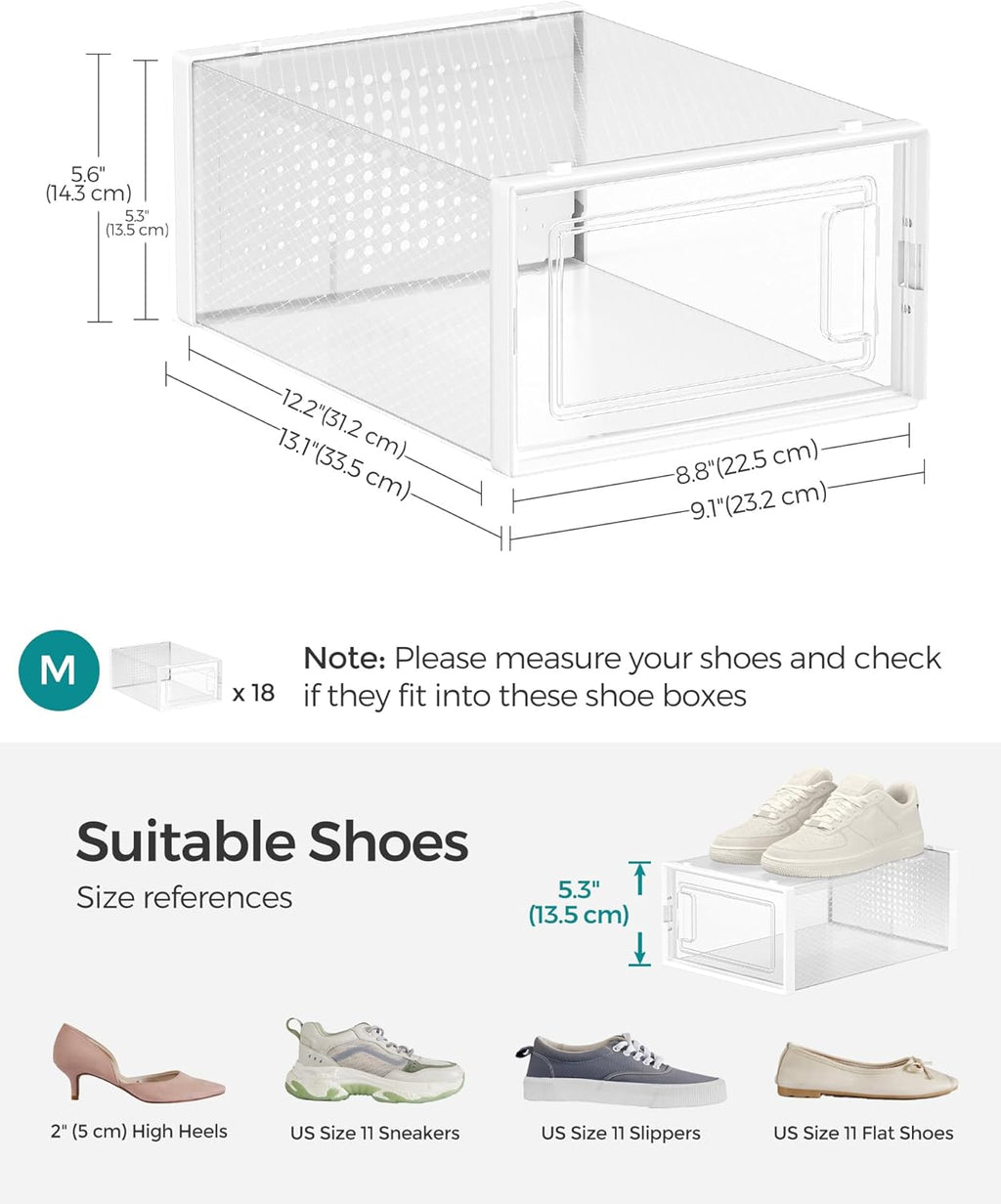 SONGMICS Shoe Boxes, Pack of 18 Shoe Storage Organizers, Stackable Clear Plastic Boxes for Closet, Sneakers, 13.1 x 9.1 x 5.6 Inches, Transparent and White ULSP18SWT