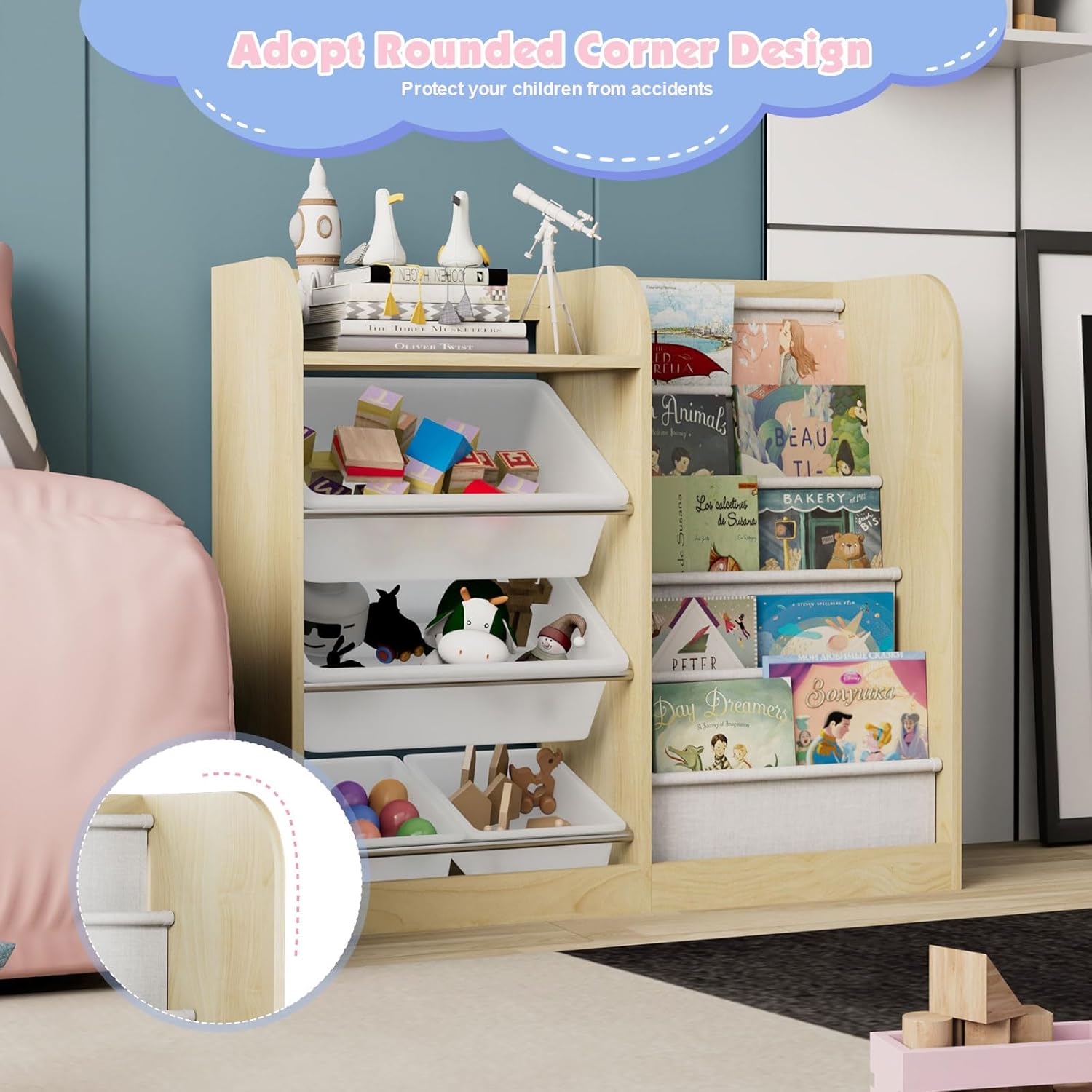 Natural Kids Wood Bookshelf Toy Storage Box Organizer Shelf W/4 Removable Plastic Toy Bins Children Bookcase Toddler Baby Sling Book Rack Cabinet Chest Girl Boy Gift Playroom Classroom Bedroom Nursery