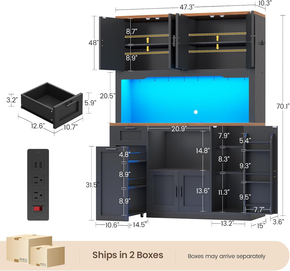 Itaar 71" Pantry Cabinet with Charging Station and LED Light, Kitchen Pa...