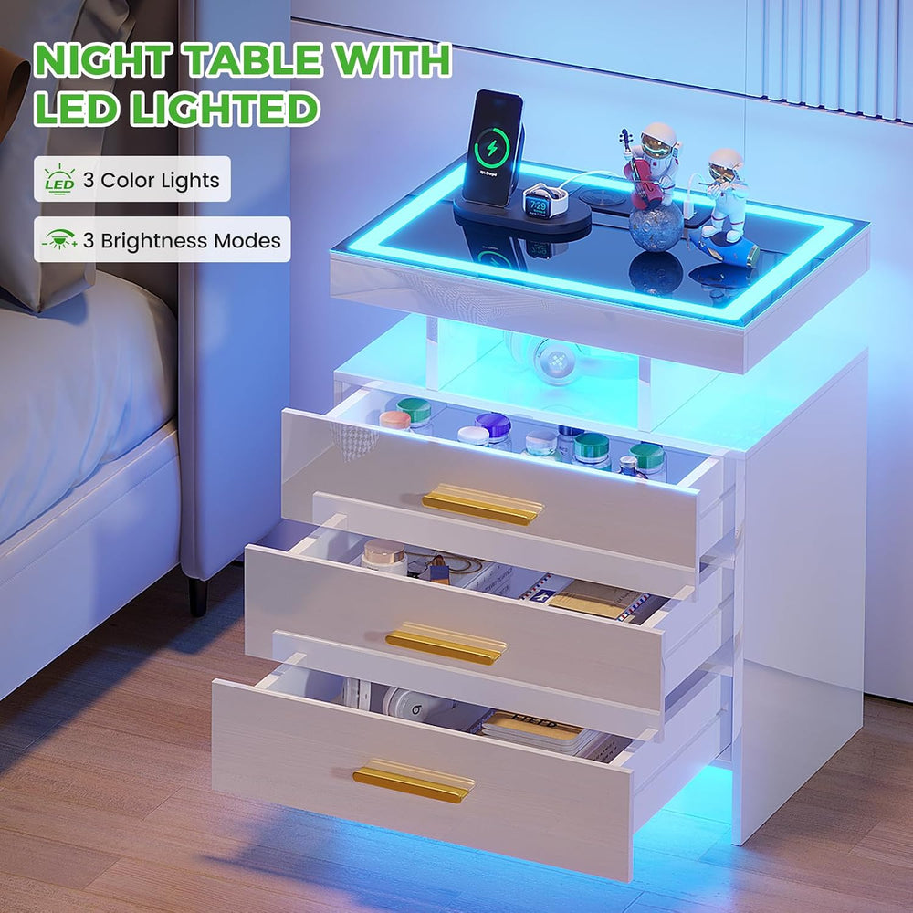 HNEBC LED Nightstand with 3 Color Motion Sensor Lights for Bedroom,White | Sm...