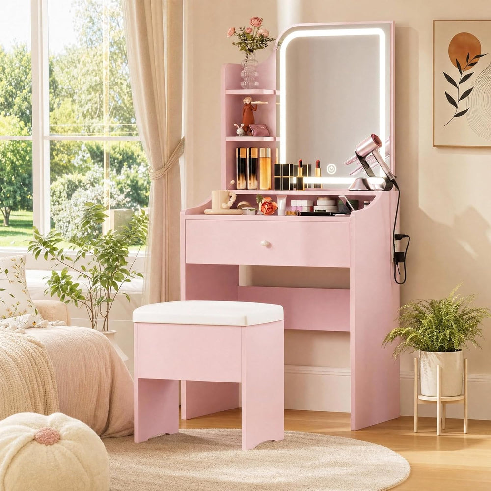 LIKIMIO Small Vanity Desk with Storage Stool and Mirror Lights | Pink compact...