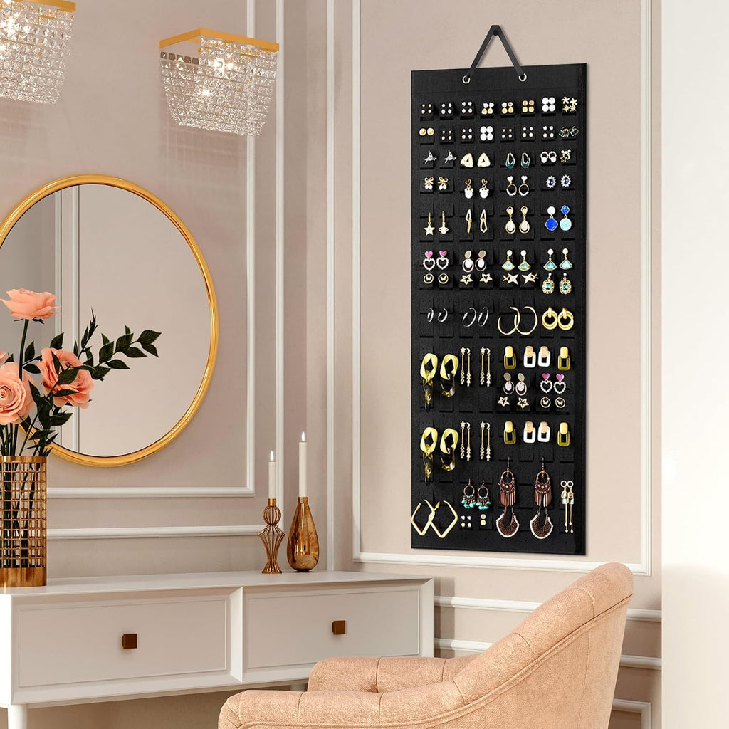 Lolalet Hanging Earring Holder Organizer with 20 Hooks for Women, Earring Organizer Wall Earrings Hanger Pierced Earring Storage, Felt Stud Earring Display, 608 Holes for Earrings - Black, 1 Pack