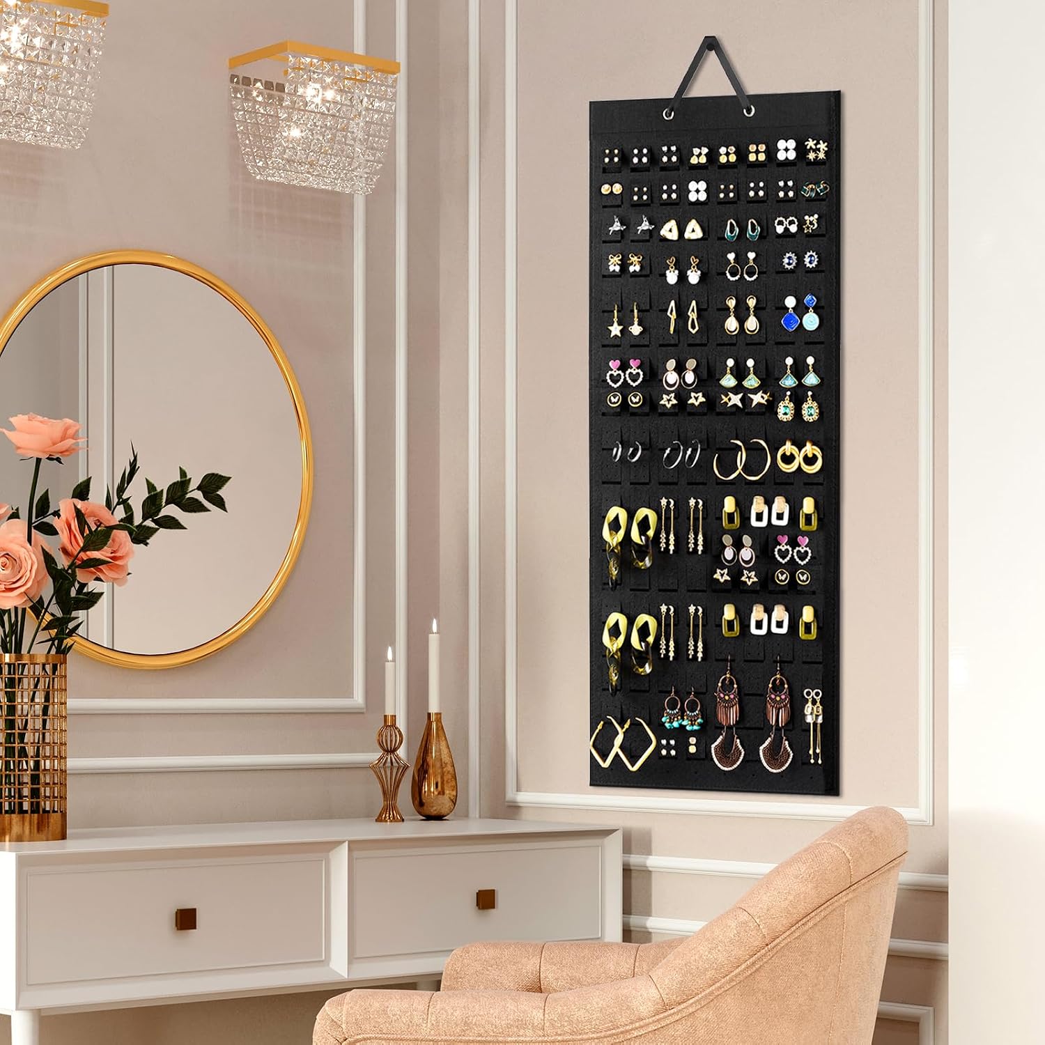Lolalet Hanging Earring Holder Organizer with 20 Hooks for Women, Earring Organizer Wall Earrings Hanger Pierced Earring Storage, Felt Stud Earring Display, 608 Holes for Earrings - Black, 1 Pack