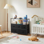 DUMOS TV Stand, Dresser with 5 Fabric Storage Drawers, Media Console Featuring Open Shelf for TV, Compact Entertainment Unit for Bedroom, Living Space, or Dorm Organization, Black