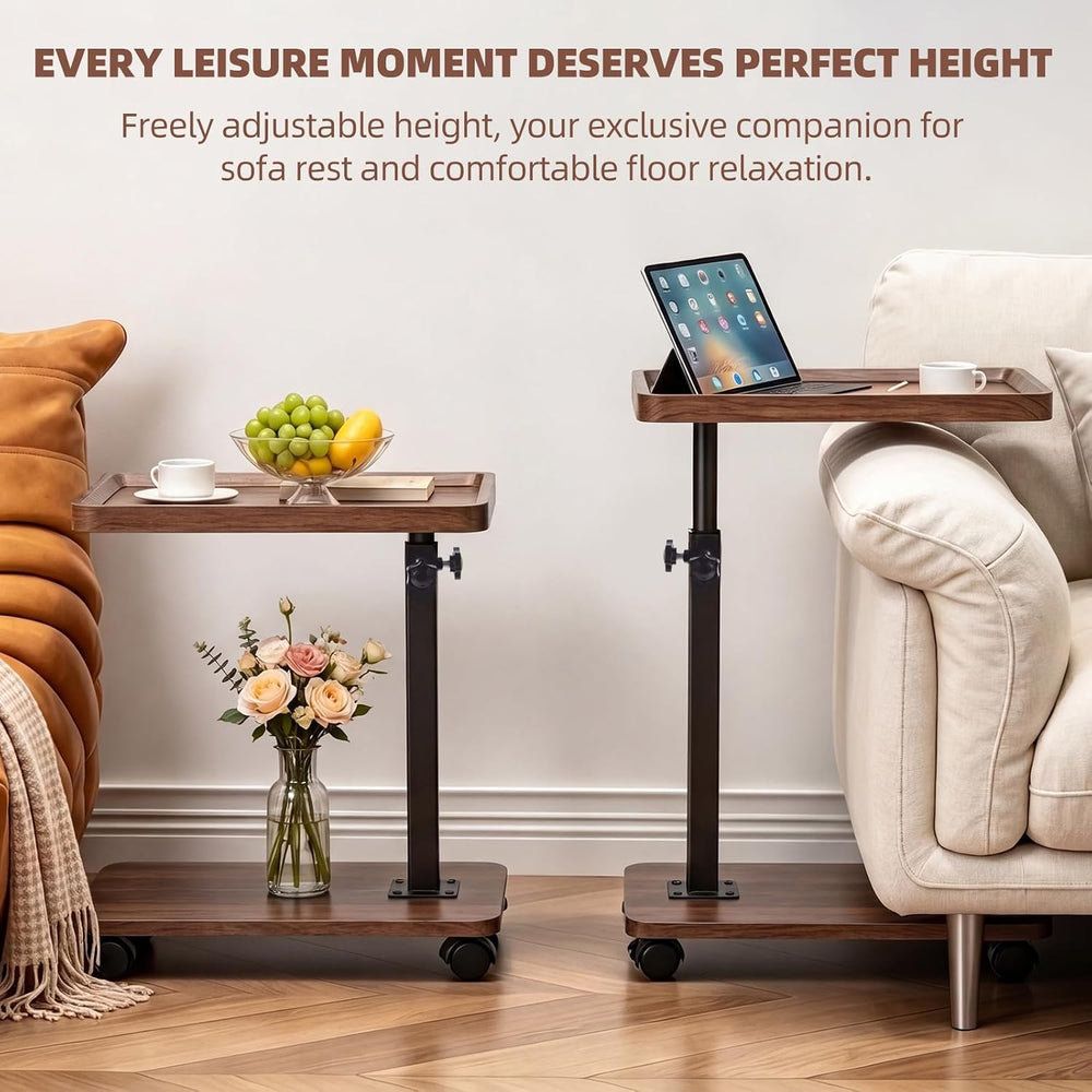 TV Tray Table with Wheels, 360° Swivel C Shaped, Walnut