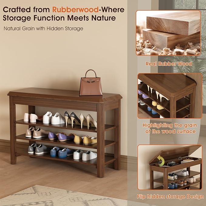 Shoe Rack Bench Seat Rubberwood 3-Tier Wooden Storage Bench 550lbs Compact Mi...