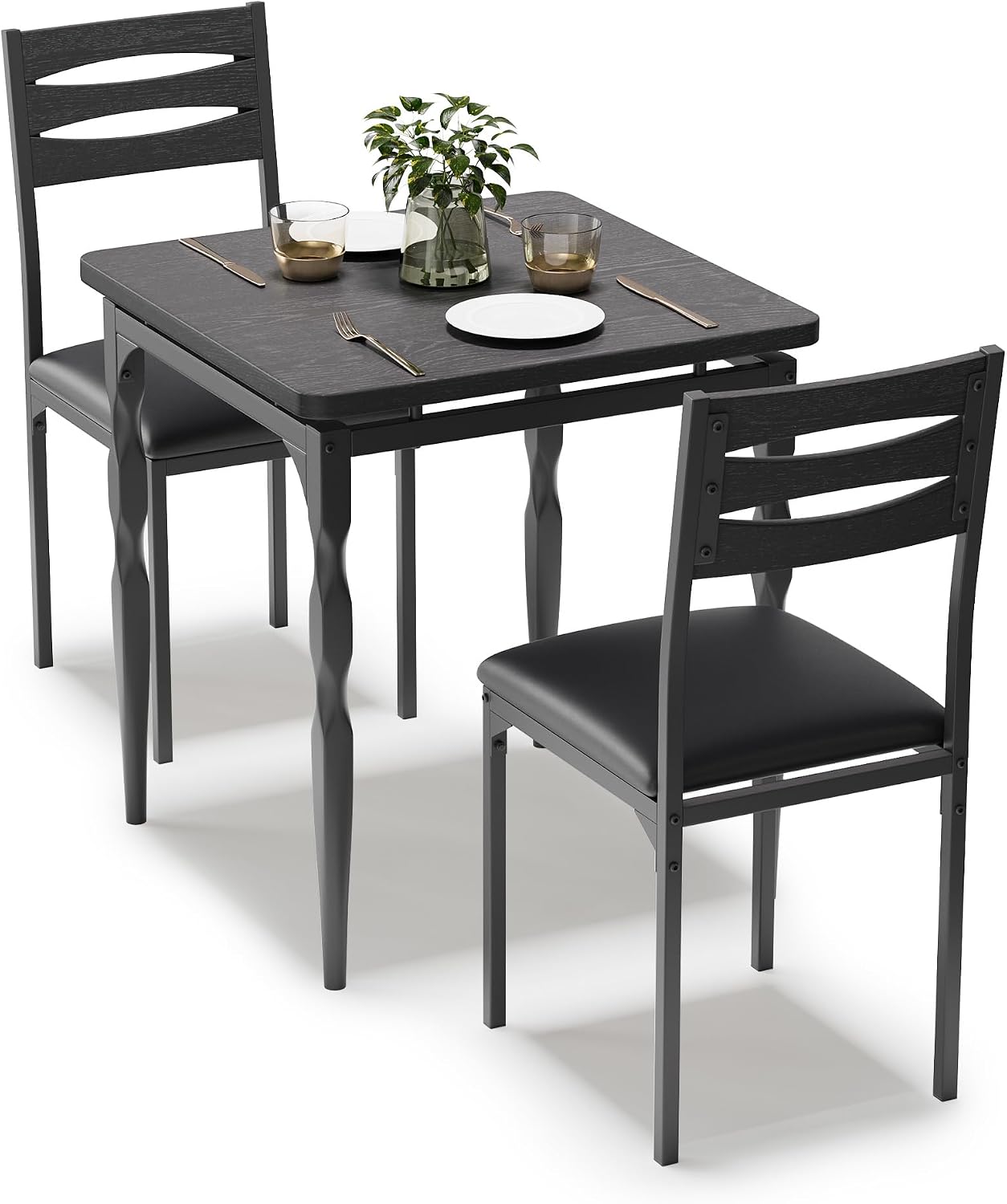 GarveeHome 3 Piece Dining Table Set, Kitchen Table Set for 2, Black | Dining Table and Chairs Set of 2, With Spiral Table Legs, Suitable for Small Spaces, Kitchen, Apartment