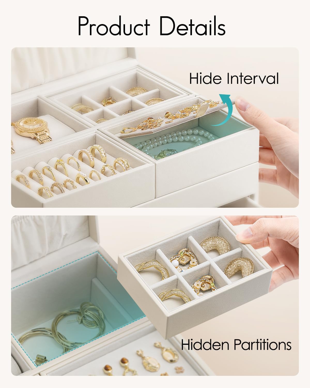 Vlando 4 Layers Jewelry Box - Women Jewelry Box with Retractable Tray - Jewelry Organizer with Drawer for Necklaces, Rings, Bracelets, Earrings, Gift for Couples Mom Girls - Could White