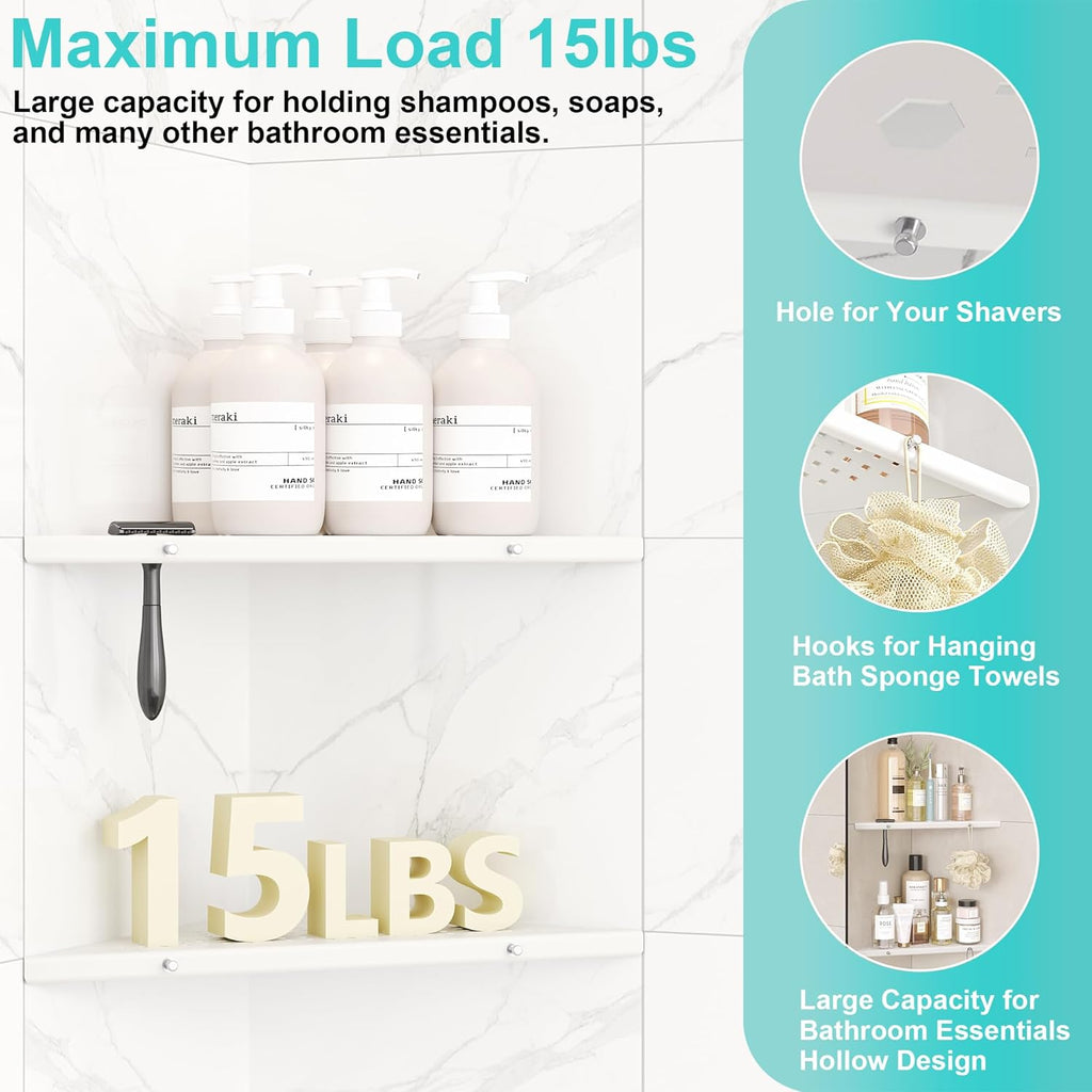 10" Bathroom Corner Shelf, 2 Pack Recessed Shower Shelf Caddy, SUS304 Stainless Steel Shelf Wall Mount Triangular, No Drilling Matte White