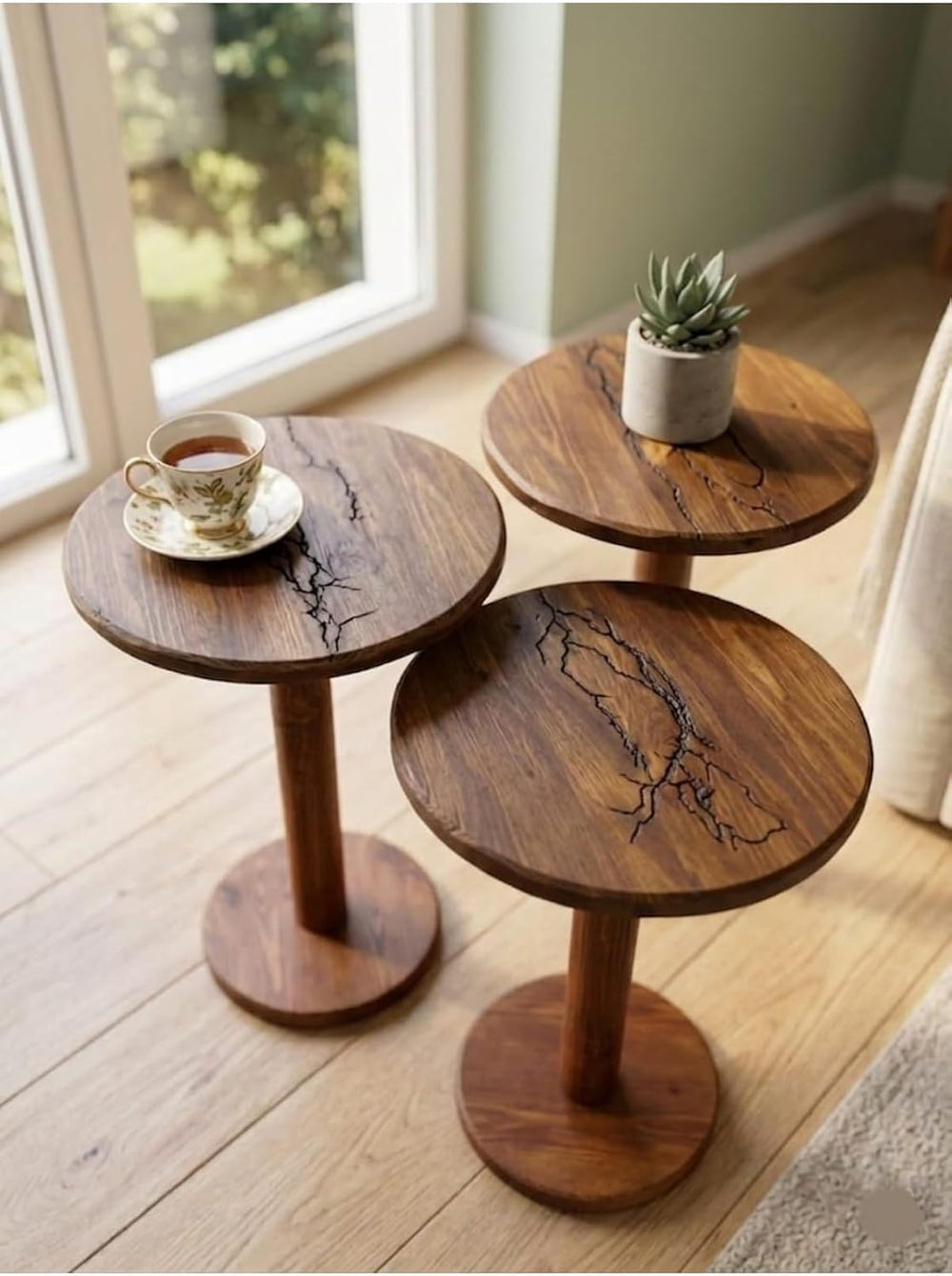 SODEF Handmade Round Walnut Wood Side Table Set, 3-Piece Nesting Tables, Wood...
