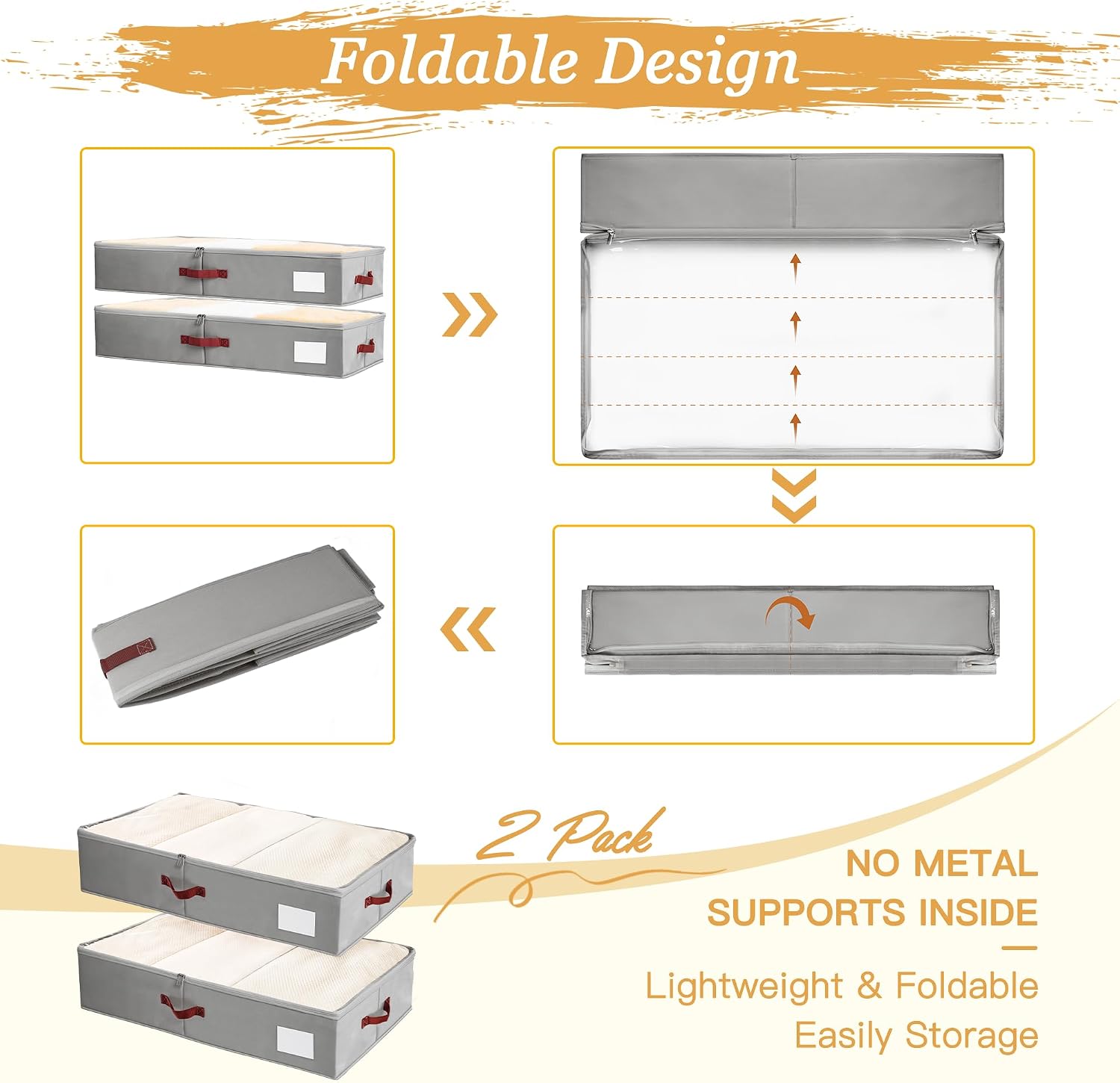 Under Bed Storage Bins with Clear PVC Lids – 2 Pack Large Underbed Organizers with Heavy-Duty Handles, Reinforced with 800G PP Panels & 80G Non-Woven Fabric – Waterproof & Foldable, Gery