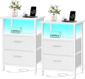 Vagusicc Nightstand Set of 2 with Charging Station, Bed side tables bedroom set of 2 with LED Lights, White Night Stands with 2 Fabric Drawers, 24.2" Tall Bedside Tables with Storage Shelf for Bedroom