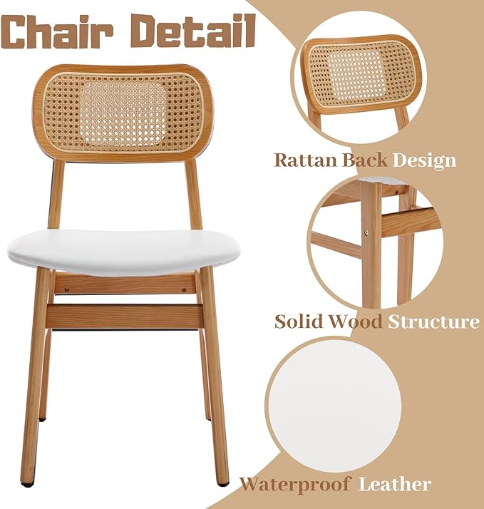 Rattan Dining Chairs Set of 4 White Faux Leather Dining Room Chairs Natural Wooden Kitchen Chairs Farmhouse Side Chairs